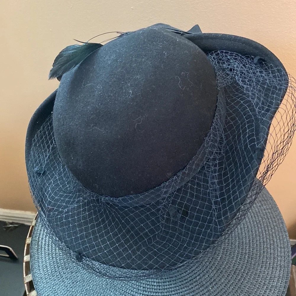 VTG Black Wool Victorian Hat Birdcage Dot Veil Bow - Picture 10 of 14